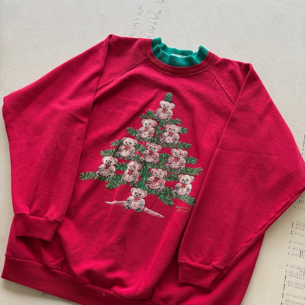 Vintage 90s Morning Sun Christmas Teddy Bear Tree Crewneck Sweater